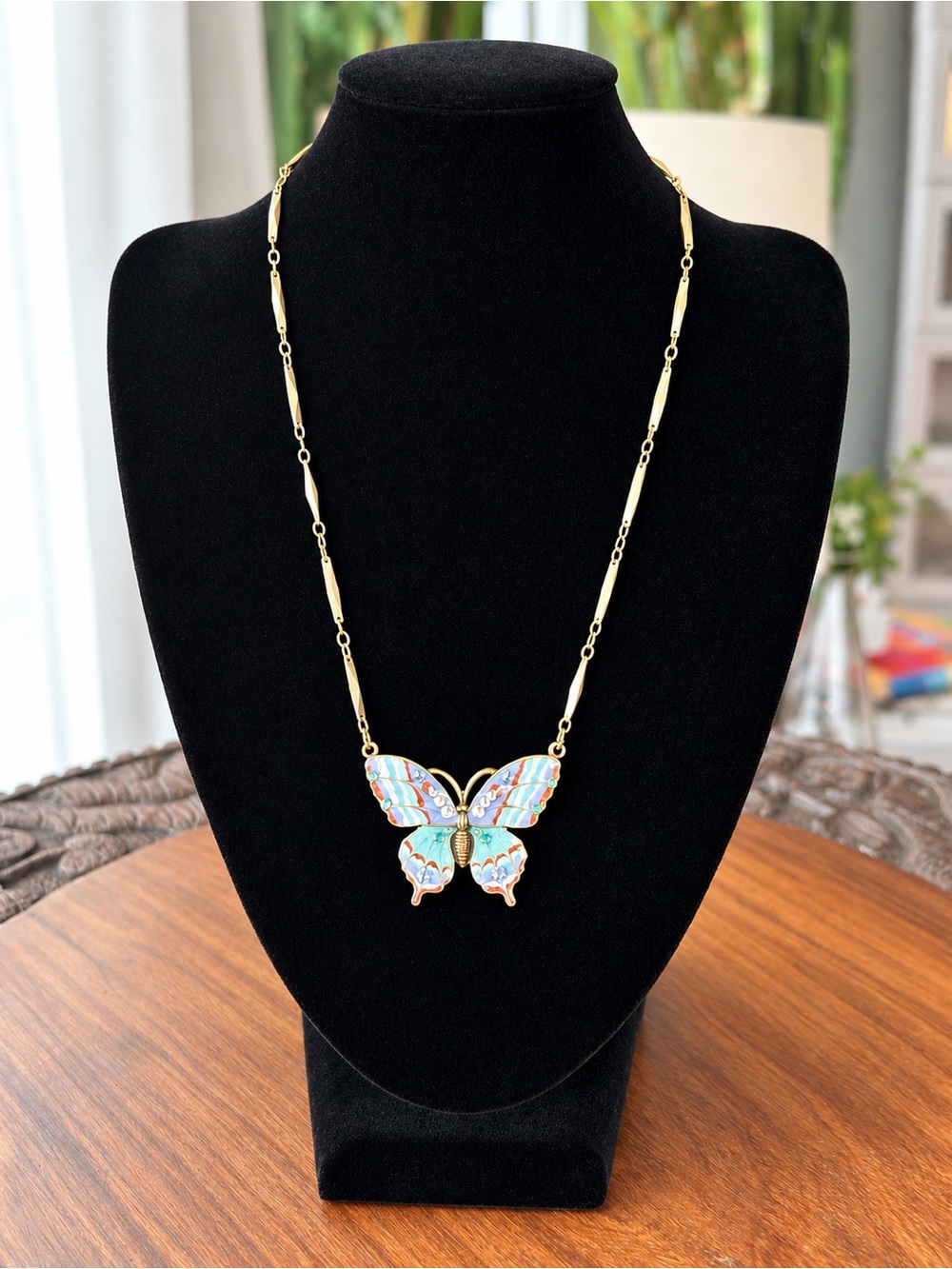 Anne Koplik Designs Butterfly Necklace Enamel Crystal Art Nouveau Statement